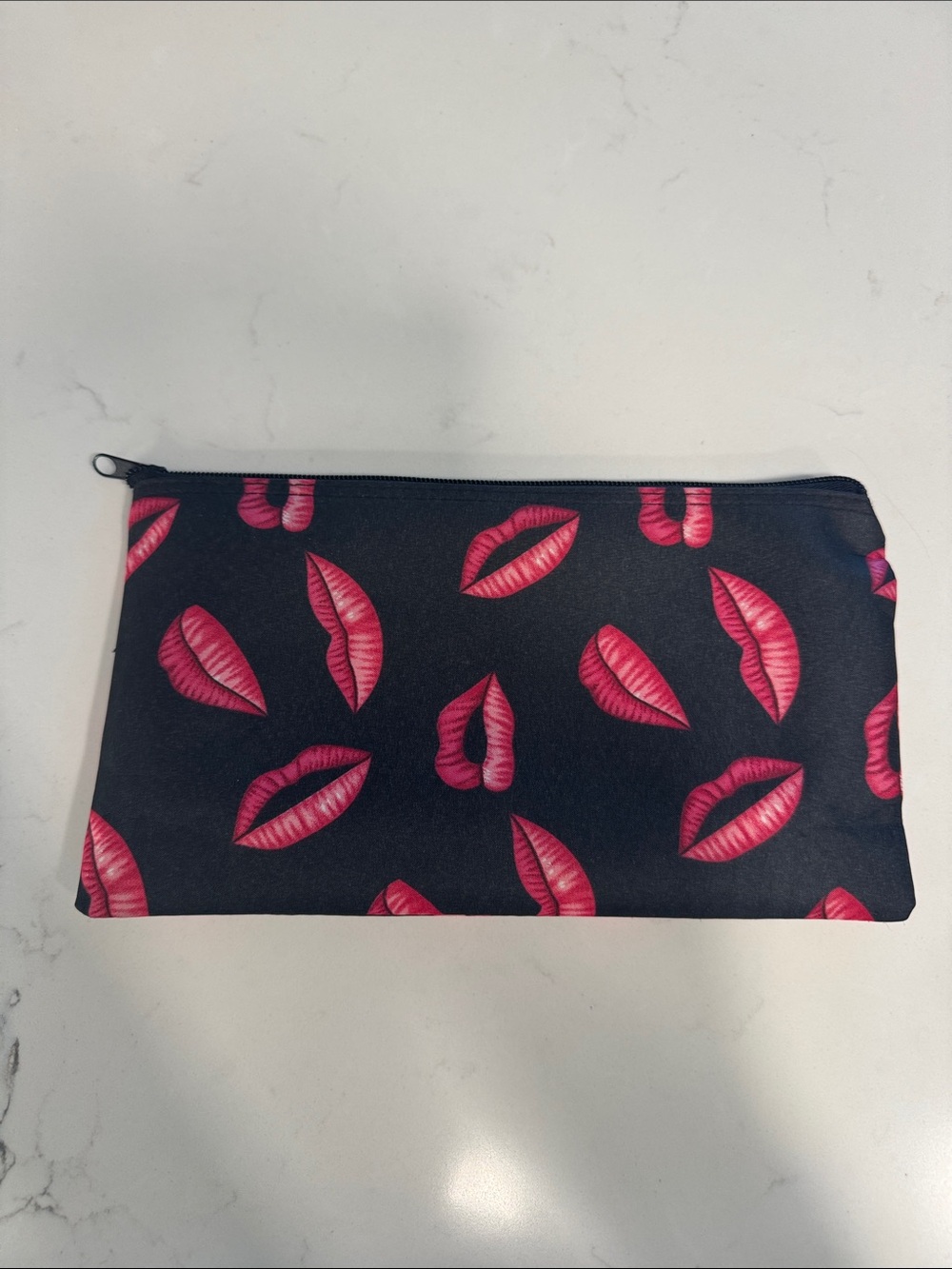NWOT Black Cosmetic Zip Pouch with Pink Lip Print